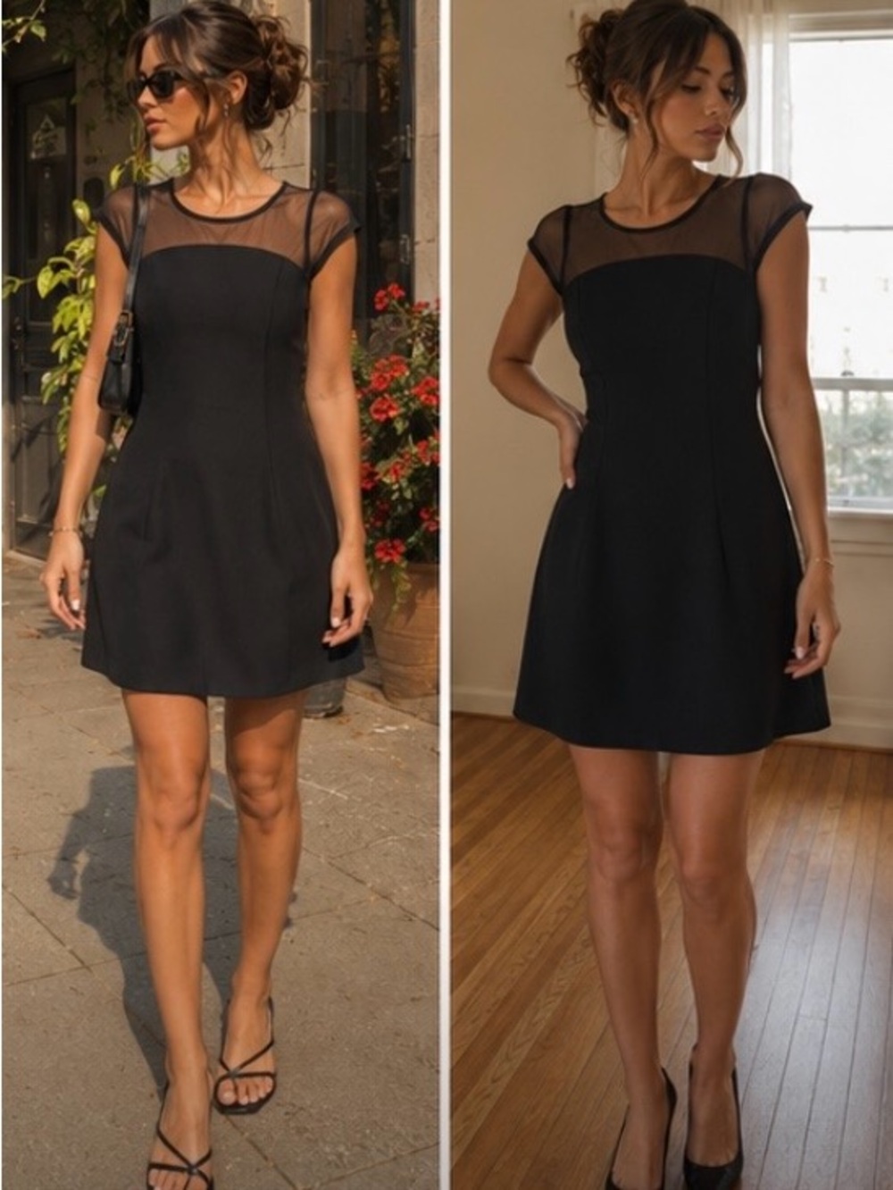 Mac+Jac Y2K Little Black Dress Sheer Mesh Cap Sleeve Fit Flare Mini Dress Small
